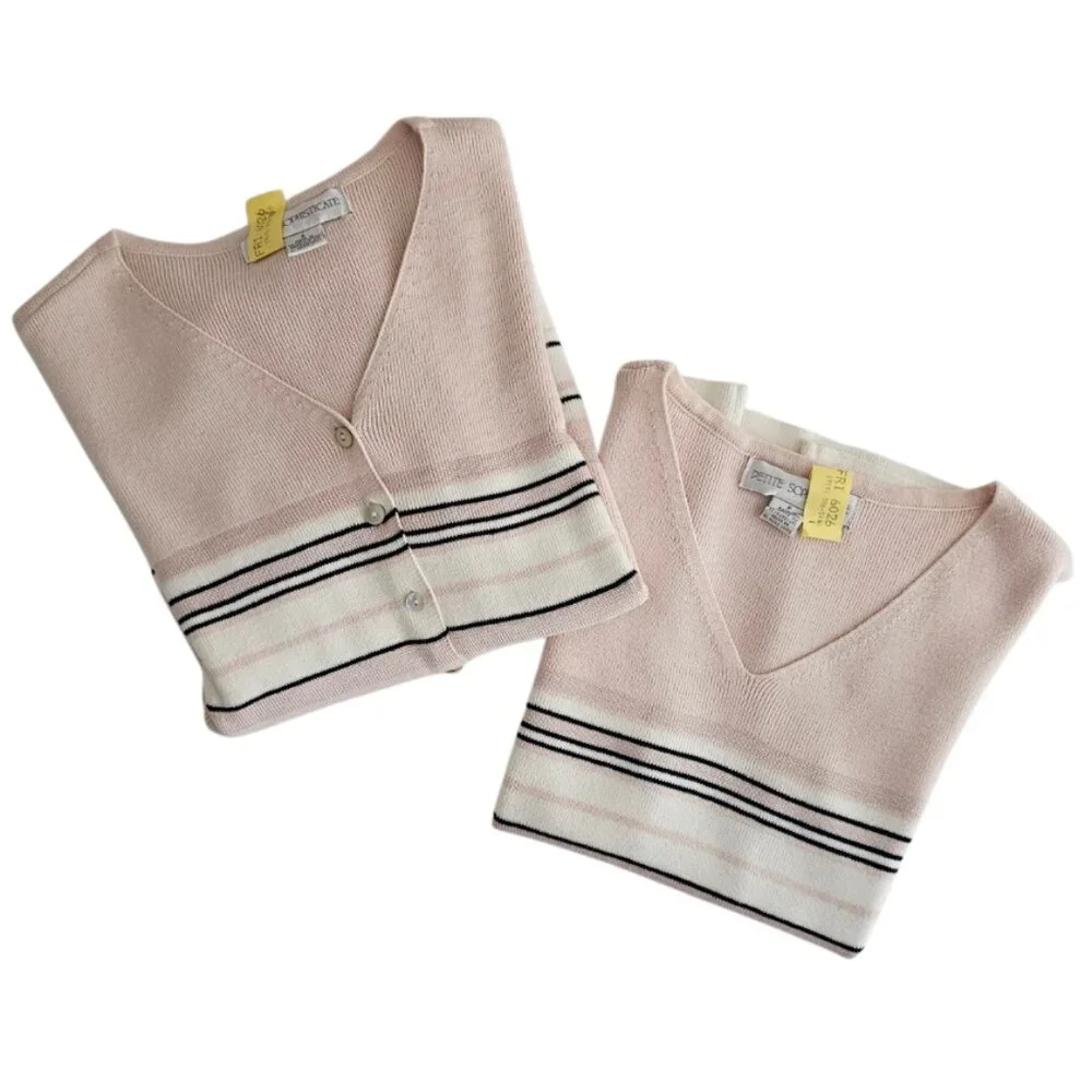 Petite Sophisticate Striped Sweater Set | EUC | XSP | Pink Cream Navy - Picture 13 of 16